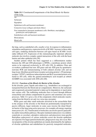 Chapter 11 In Vitro Models of the Alveolar Epithelial Barrier 263
Table 11.1 Constituents/Compartments of the Distal Blood–Air Barrier
of the Lung.
Air
Surfactant
Hypophase
Epithelium (cells and basement membrane)
Connective tissue (collagen and elastic ﬁbres)
Free (unattached to basement membranes) cells: ﬁbroblasts, macrophages,
granulocytes and lymphocytes
Endothelium (cells and basement membrane)
Blood plasma
Blood cells
the lung, such as endothelial cells, usually is low. In response to inﬂammatory
stimulation and hyperoxia, expression levels of ICAM-1 increase in these other
cell types, rendering distinction between cell types based on ICAM-1 levels
rather difﬁcult [37]. Expression of this immunologically important adhesion
molecule also involves complex spatial interactions of the cells with the basal
lamina and other epithelial cells [38].
Another protein which has been suggested as a differentiation marker
between the ATI and ATII phenotypes is HTI56, a membrane protein which
seems to be expressed exclusively in ATI cells [39]. In addition, Chen and
co-workers conﬁrmed four new ATI genes and one ATII gene by quantitative
real-time PCR and immunostaining of both cultured alveolar cells and rat
lung tissue: ﬁbroblast growth factor receptor-activating protein 1, P2 purinergic
receptor 7 (P2X7), interferon-induced protein and Bcl2-associated protein were
found in ATI cells, while the gamma-aminobutyric acid receptor pi subunit
(GABRP) was associated with ATII cells [40].
11.1.1.2. Functions of the Blood–Air Barrier of the Alveolus
In the alveolus, gases, liquids and solutes (e.g., metabolites) are exchanged or
transported between the blood and air compartments. Moreover, the surfactant
and exogenously presented material is taken up for degradation or inactivation
into various cells. The trafﬁcking molecules have to travel through different
extracellular and cellular compartments by passive and sometimes also active
processes. Table 11.1 gives a list of the components which molecules translo-
cating from the blood to air and vice versa may encounter.
While gases and other small molecules dissolved in the extracellular ﬂuid
in the airspace of the alveolus or the blood are predominantly transported by
passive diffusion, larger molecules in some cases traverse the distal blood–
air barrier of the lung using active processes, for example cell-energy requiring
transcytosis [41, 42]. Translocation of molecules can involve passive paracellu-
lar and/or transcellular pathways. Receptor-mediated endocytosis (via clathrin-
coated pits or caveolae), adsorptive endocytosis and pinocytosis (non-speciﬁc
ﬂuid-phase endocytosis) of various molecules across the alveolar epithelium
are expected. For larger particles/molecules, phagocytosis may also occur. Bar-
rier properties of the alveolar epithelium are mainly determined by the tightness
of alveolar epithelium and endothelium for passively transported molecules.
 