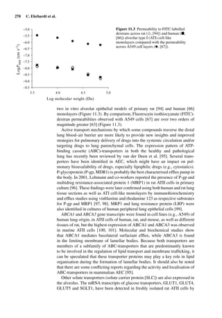 270 C. Ehrhardt et al.
−9.5
−9.0
−8.5
−8.0
−7.5
−7.0
−6.5
−6.0
−5.5
−5.0
Log molecular weight (Da)
LogPapp(cms−1)
3.5 4.0 4.5 5.0
Figure 11.3 Permeability to FITC-labelled
dextrans across rat (♦, [94]) and human ( ,
[66]) alveolar type I (ATI) cell-like
monolayers compared with the permeability
across A549 cell layers (•, [67]).
two in vitro alveolar epithelial models of primary rat [94] and human [66]
monolayers (Figure 11.3). By comparison, Fluorescein isothiocyanate (FITC)-
dextran permeabilities observed with A549 cells [67] are over two orders of
magnitude greater [63] (Figure 11.3).
Active transport mechanisms by which some compounds traverse the distal
lung blood–air barrier are more likely to provide new insights and improved
strategies for pulmonary delivery of drugs into the systemic circulation and/or
targeting drugs to lung parenchymal cells. The expression pattern of ATP-
binding cassette (ABC)-transporters in both the healthy and pathological
lung has recently been reviewed by van der Deen et al. [95]. Several trans-
porters have been identiﬁed in AEC, which might have an impact on pul-
monary bioavailability of drugs, especially lipophilic drugs (e.g., cytostatics).
P-glycoprotein (P-gp, MDR1) is probably the best characterised efﬂux pump in
the body. In 2001, Lehmann and co-workers reported the presence of P-gp and
multidrug resistance-associated protein 1 (MRP1) in rat ATII cells in primary
culture [96]. These ﬁndings were later conﬁrmed using both human and rat lung
tissue sections as well as ATI cell-like monolayers by immunohistochemistry
and efﬂux studies using vinblastine and rhodamine 123 as respective substrates
for P-gp and MRP1 [97, 98]. MRP1 and lung resistance protein (LRP) were
also identiﬁed in cultures of human peripheral lung epithelial cells [99].
ABCA1 and ABCA3 gene transcripts were found in cell lines (e.g., A549) of
human lung origin, in ATII cells of human, rat, and mouse, as well as different
tissues of rat, but the highest expression of ABCA1 and ABCA3 was observed
in murine ATII cells [100, 101]. Molecular and biochemical studies show
that ABCA1 mediates basolateral surfactant efﬂux, while ABCA3 is found
in the limiting membrane of lamellar bodies. Because both transporters are
members of a subfamily of ABC-transporters that are predominantly known
to be involved in the regulation of lipid transport and membrane trafﬁcking, it
can be speculated that these transporter proteins may play a key role in lipid
organisation during the formation of lamellar bodies. It should also be noted
that there are some conﬂicting reports regarding the activity and localisation of
ABC-transporters in mammalian AEC [95].
Other solute transporters (solute carrier protein [SLC]) are also expressed in
the alveolus. The mRNA transcripts of glucose transporters, GLUT1, GLUT4,
GLUT5 and SGLT1, have been detected in freshly isolated rat ATII cells by
 