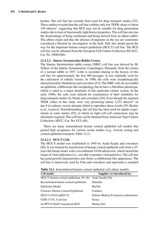 292 S. Reichl and U. Becker
keratin. The cell line has recently been used for drug transport studies [52].
These studies revealed that the cell line exhibits only low TEER values of about
150 ohmcm2, suggesting that RCE may not be suitable for drug permeation
studies due to lack of functionally tight barrier properties. This cell line also has
the disadvantage of being nonhuman and being derived from an albino rabbit.
The albino origin and thus the absence of pigments in the eye are sometimes
considered a blemish by investigators in the ﬁeld. Still, this model paved the
way for the important human corneal epithelium (HCE-T) cell line. The RCE
cell line can be obtained from the European Cell Culture Collection (ECACC,
Cat. No. 95081046).
12.4.2.2. Statens Seruminstitut Rabbit Cornea
The Statens Seruminstitut rabbit cornea (SIRC) cell line was derived by M.
Volkert of the Statens Seruminstitut, Copenhagen, Denmark, from the cornea
of a normal rabbit in 1957. Little is recorded relating to the history of this
cell line for approximately the ﬁrst 400 passages. It was originally used for
the cultivation of rubella viruses. In 1990, the cells were morphologically
characterized by Niederkorn and coworkers [53]. The SIRC cells do not exhibit
an epithelial, cobblestone-like morphology but do have a ﬁbroblast phenotype,
which is rated as a major drawback of this particular culture system. In the
early 1990s, the cells were utilized for examination of their suitability for
drug transport studies by Hutak and coworkers [54]. Even though the reported
TEER values in this study were very promising (about 2,233 ohmcm2 on
day 8 in culture), recent attempts failed to reproduce these results [55; Becker
et al., in press]. Notwithstanding, the cell line has been used for uptake exper-
iments in some studies [55], in which no tight cell–cell connections may be
absolutely required. This cell line can be obtained from American Type Culture
Collection (ATCC, Cat. No. CCL-60).
There are many immortalized human corneal epithelial cell models that
gained high acceptance for various ocular studies (e.g., toxicity testing and
corneal epithelial transport; Table 12.1).
12.4.2.3. HCE-T Cells
The HCE-T model was established in 1995 by Araki-Sasaki and coworkers
[56]. It was formed by transfection of human corneal epithelial cells from a 47-
year-old female donor with a recombinant SV40-adenovirus, which lacked the
origin of viral replication (i.e., not able to produce viral particles). The cell line
has good growth characteristics and shows a cobblestone-like appearance. The
cell line is intensively used by Urtti and coworkers and represents a standard
Table 12.1 Immortalized human corneal epithelial cell culture models.
Cell model Supplier (or introduced by)
HCE-T (human corneal epithelium, SV 40) Araki-Sasaki [56]
Reconstituted human corneal epithelium Skinethic
EpiOcular-Model MatTek
Clonetics Human Corneal Epithelium Cambrex
HCE-T (10.014 pRSV-T) Gillette Medical Evaluation Laboratories
CEPI-17-CL 4 cell line Nestec
tet HPV16-E6/E7 transduced HCE Mohan [64]
 