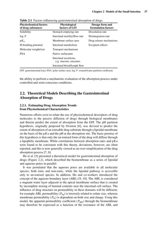 Chapter 2 Models of the Small Intestine 37
Table 2.1 Factors inﬂuencing gastrointestinal absorption of drugs.
Physiochemical factors
of drug substances
Physiological
factors of GIT
Dosage form and
formulation factors
Solubility Stomach emptying rate Dissolution rate
log P Intestinal motility/ﬂow rate Disintegration rate
pKa Membrane surface area Drug release mechanisms
H-bonding potential Intestinal metabolism Excipient effects
Molecular weight/size Transport mechanisms
PSA Native surfactants
Intestinal secretions,
e.g. mucous, enzymes
Intestinal blood/lymph ﬂow
GIT: gastrointestinal tract; PSA: polar surface area; log P: octanol/water partition coefﬁcient.
the ability to perform a mechanistic evaluation of the absorption process under
controlled and semi-conscious conditions.
2.2. Theoretical Models Describing the Gastrointestinal
Absorption of Drugs
2.2.1. Estimating Drug Absorption Trends
from Physiochemical Characteristics
Numerous efforts exist to relate the use of physiochemical descriptors of drug
molecules to the passive diffusion of drugs through biological membranes
and therein predict the extent of absorption from the GIT. The pH partition
hypothesis, originally proposed by Overton [6], was devised to predict the
extent of absorption of an ionisable drug substrate through a lipoidal membrane
on the basis of the pKa and the pH at the absorption site. The basic premise of
this hypothesis is that only the un-ionised form of the drug will diffuse through
a lipophilic membrane. While correlations between absorption rates and pKa
were found to be consistent with this theory, deviations, however, are often
reported, and this is now generally viewed as an over-simpliﬁcation of the drug
absorption process [7, 8].
Ho et al. [5] presented a theoretical model for gastrointestinal absorption of
drugs (Figure 2.2), which described the biomembrane as a series of lipoidal
and aqueous pores in parallel.
It was postulated that the aqueous pores are available to all molecular
species, both ionic and non-ionic, while the lipoidal pathway is accessible
only to un-ionised species. In addition, Ho and co-workers introduced the
concept of the aqueous boundary layer (ABL) [9, 10]. The ABL is considered
a stagnant water layer adjacent to the apical membrane surface that is created
by incomplete mixing of luminal contents near the intestinal cell surface. The
inﬂuence of drug structure on permeability in these domains will be different;
for example ABL permeability (Paq) is inversely related to solute size, whereas
membrane permeability (Pm) is dependent on both size and charge. Using this
model, the apparent permeability coefﬁcient (Papp) through the biomembrane
may therefore be expressed as a function of the resistance of the ABL and
 