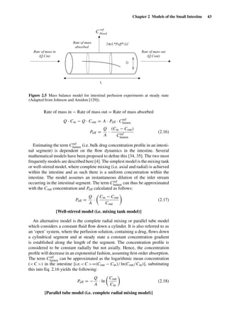 Chapter 2 Models of the Small Intestine 43
Rate of mass out
(Q.Cout)
Rate of mass in
(Q.Cin)
2prL*Peff*∆CRate of mass
absorbed
L
2r
ref
bloodC
Figure 2.5 Mass balance model for intestinal perfusion experiments at steady state
(Adapted from Johnson and Amidon [129]).
Rate of mass in − Rate of mass out = Rate of mass absorbed
Q · Cin − Q · Cout = A · Peff · Cref
lumen
Peff =
Q
A
·
(Cin − Cout)
Cref
lumen
(2.16)
Estimating the term Cref
lumen (i.e. bulk drug concentration proﬁle in an intesti-
nal segment) is dependent on the ﬂow dynamics in the intestine. Several
mathematical models have been proposed to deﬁne this [34, 35]. The two most
frequently models are described here [4]. The simplest model is the mixing tank
or well-stirred model, where complete mixing (i.e. axial and radial) is achieved
within the intestine and as such there is a uniform concentration within the
intestine. The model assumes an instantaneous dilution of the inlet stream
occurring in the intestinal segment. The term Cref
lumen can thus be approximated
with the Cout concentration and Peff calculated as follows:
Peff =
Q
A
·
Cin − Cout
Cout
(2.17)
[Well-stirred model (i.e. mixing tank model)]
An alternative model is the complete radial mixing or parallel tube model
which considers a constant ﬂuid ﬂow down a cylinder. It is also referred to as
an ‘open’ system, where the perfusion solution, containing a drug, ﬂows down
a cylindrical segment and at steady state a constant concentration gradient
is established along the length of the segment. The concentration proﬁle is
considered to be constant radially but not axially. Hence, the concentration
proﬁle will decrease in an exponential fashion, assuming ﬁrst-order absorption.
The term Cref
lumen can be approximated as the logarithmic mean concentration
(<C >) in the intestine [i.e.<C >=(Cout − Cin)/ ln(Cout/Cin)], substituting
this into Eq. 2.16 yields the following:
Peff = −
Q
A
· ln
Cout
Cin
(2.18)
[Parallel tube model (i.e. complete radial mixing model)]
 