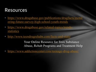 • https://www.drugabuse.gov/publications/drugfacts/monit
oring-future-survey-high-school-youth-trends
• https://www.drugabuse.gov/related-topics/trends-
statistics
• http://www.teendrugrehabs.com/facts-and-stats/
Your Online Resource for Teen Substance
Abuse, Rehab Programs and Treatment Help
• https://www.addictioncenter.com/teenage-drug-abuse/
Resources
 