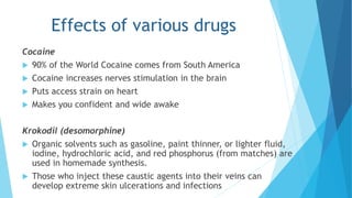 Effects of various drugs 
Cocaine 
 90% of the World Cocaine comes from South America 
 Cocaine increases nerves stimulation in the brain 
 Puts access strain on heart 
 Makes you confident and wide awake 
Krokodil (desomorphine) 
 Organic solvents such as gasoline, paint thinner, or lighter fluid, 
iodine, hydrochloric acid, and red phosphorus (from matches) are 
used in homemade synthesis. 
 Those who inject these caustic agents into their veins can 
develop extreme skin ulcerations and infections 
 
