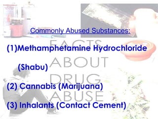 Commonly Abused Substances:
(1)Methamphetamine Hydrochloride
(Shabu)
(2) Cannabis (Marijuana)
(3) Inhalants (Contact Cement)
 