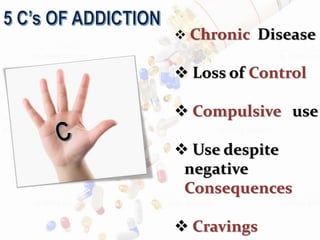  Chronic Disease
 Loss of Control
 Compulsive use
 Use despite
negative
Consequences
 Cravings
 