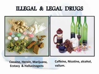 Caffeine, Nicotine, alcohol,
valium.
Cocaine, Heroin, Marijuana,
Ecstacy & Hallucinogens
 