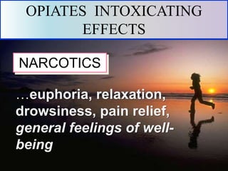 …euphoria, relaxation,
drowsiness, pain relief,
general feelings of well-
being
OPIATES INTOXICATING
EFFECTS
NARCOTICS
 