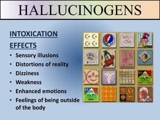 INTOXICATION
EFFECTS
• Sensory illusions
• Distortions of reality
• Dizziness
• Weakness
• Enhanced emotions
• Feelings of being outside
of the body
HALLUCINOGENS
 