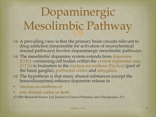Dopaminergic 
Mesolimbic Pathway 
 
 A prevailing view is that the primary brain circuits relevant to 
drug addiction (responsible for activation of neurochemical 
reward pathways) involve dopaminergic mesolimbic pathways. 
 The mesolimbic dopamine system extends from dopamine 
(DA)1 -containing cell bodies within the ventral tegmental area 
(VTA) in brainstem to the nucleus accumbens (NuAcc) (part of 
the basal ganglia), prefrontal cortex and amygdala. 
 The hypothesis is that many abused substances (except the 
benzodiazepines) enhance dopamine release in 
• nucleus accumbens or 
• pre- frontal cortex or both. 
(Ó 2000 Blackwell Science Ltd, Journal of Clinical Pharmacy and Therapeutics, 25.) 
Mohsin Aziz 16 
 