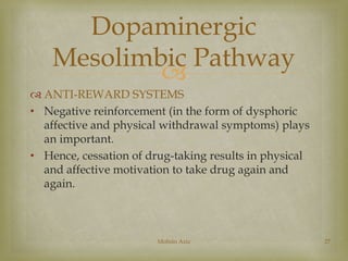 Dopaminergic 
Mesolimbic Pathway 
 
 ANTI-REWARD SYSTEMS 
• Negative reinforcement (in the form of dysphoric 
affective and physical withdrawal symptoms) plays 
an important. 
• Hence, cessation of drug-taking results in physical 
and affective motivation to take drug again and 
again. 
Mohsin Aziz 27 
 