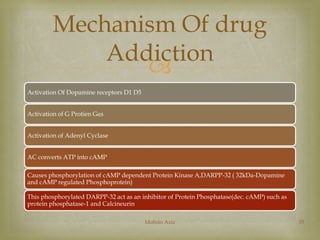 Mechanism Of drug 
Addiction 
 
Activation Of Dopamine receptors D1 D5 
Activation of G Protien G s 
Activation of Adenyl Cyclase 
AC converts ATP into cAMP 
Causes phosphorylation of cAMP dependent Protein Kinase A,DARPP-32 ( 32kDa-Dopamine 
and cAMP regulated Phosphoprotein) 
This phosphorylated DARPP-32 act as an inhibitor of Protein Phosphatase(dec. cAMP) such as 
protein phosphatase-1 and Calcineurin 
Mohsin Aziz 35 
 