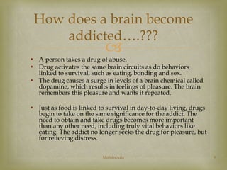 How does a brain become 
addicted….??? 
 
• A person takes a drug of abuse. 
• Drug activates the same brain circuits as ...