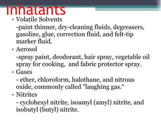 Inhalants Volatile Solvents -paint thinner, dry-cleaning fluids, degreasers, gasoline, glue, correction fluid, and felt-tip marker fluid. Aerosol -spray paint, deodorant, hair spray, vegetable oil spray for cooking,  and fabric protector spray. Gases - ether, chloroform, halothane, and nitrous oxide, commonly called "laughing gas.“ Nitrites - cyclohexyl nitrite, isoamyl (amyl) nitrite, and isobutyl (butyl) nitrite. 