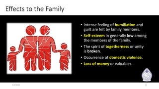 Effects to the Family
• Intense feeling of humiliation and
guilt are felt by family members.
• Self-esteem in generally low among
the members of the family.
• The spirit of togetherness or unity
is broken.
• Occurrence of domestic violence.
• Loss of money or valuables.
3/3/2020 12
 