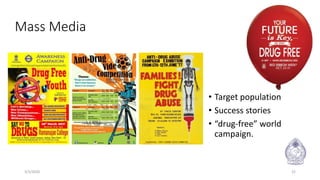 Mass Media
• Target population
• Success stories
• “drug-free” world
campaign.
3/3/2020 22
 