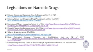 Legislations on Narcotic Drugs
 Poisons, Opium , and Dangerous Drug Ordinance Act No. 17 of 1929
http://www.nddcb.gov.lk/Docs/acts/25345.pdf
 Poisons , Opium and Dangerous Drug (Amendment) Act No: 13, of 1984
http://www.nddcb.gov.lk/Docs/acts/25345.pdf
 Prevention of Money Laundering Act no. 05 of 2006 http://www.documents.gov.lk/Acts/2006/Money
Laundering/P L 000858 Money Laundering Act No. 05.pdf
 Financial Transaction Reporting Act no. 06 of 2006 http://www.documents.gov.lk/Acts/2006/Financial
Transactions/PL 000861 (E) Financial Transactions.pdf
 Tobacco & Alcohol Act no. 27 of 2006
http://www.health.gov.lk/en/NCD/temp/NATA Act English.pdf
 Drug Dependant Persons (Treatment & Rehabilitation) Act no 54 of 2007
http://www.documents.gov.lk/Acts/2007/Drug Dependant Persons (Treatment & Rehabilitation) - Act
No. 54/English.pdf
 Convention against Illicit Traffic in Narcotic Drug & Psychotropic Substances Act. no 01 of 2008
http://documents.gov.lk/Extgzt/2010/PDF/May/1653_7/1653_7(E).pdf
3/3/2020 24
 