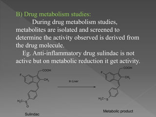 B) Drug metabolism studies:
During drug metabolism studies,
metabolites are isolated and screened to
determine the activity observed is derived from
the drug molecule.
Eg. Anti-inflammatory drug sulindac is not
active but on metabolic reduction it get activity.
CH3
SCH3
O
COOH
F
In Liver
CH3
SCH3
COOH
F
Sulindac
Metabolic product
 