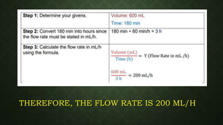 THEREFORE, THE FLOW RATE IS 200 ML/H
 