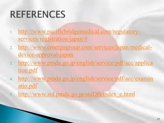 1. http://www.pacificbridgemedical.com/regulatory-
services/registration/japan/#
2. http://www.emergogroup.com/services/japan/medical-
device-approval-japan
3. http://www.pmda.go.jp/english/service/pdf/acc/applica
tion.pdf
4. http://www.pmda.go.jp/english/service/pdf/acc/examin
atio.pdf
5. http://www.std.pmda.go.jp/stdDB/index_e.html
27
 