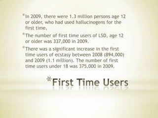*
*In 2009, there were 1.3 million persons age 12
or older, who had used hallucinogens for the
first time.
*The number of first time users of LSD, age 12
or older was 337,000 in 2009.
*There was a significant increase in the first
time users of ecstasy between 2008 (894,000)
and 2009 (1.1 million). The number of first
time users under 18 was 375,000 in 2009.
 
