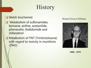 History
 Welsh biochemist
 Metabolism of sulfonamides,
benzene, aniline, acetanilide,
phenacetin, thalidomide and
stilbesterol
 Metabolism of TNT (Trinitrotoluene)
with regard to toxicity in munitions
(1942)
1909 - 1979
Richard Tecwyn Williams
 