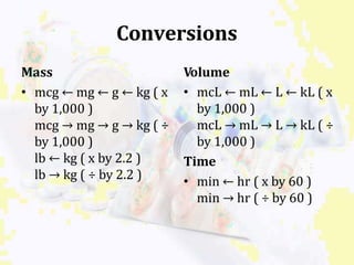 Conversions
Mass
• mcg ← mg ← g ← kg ( x
by 1,000 )
mcg → mg → g → kg ( ÷
by 1,000 )
lb ← kg ( x by 2.2 )
lb → kg ( ÷ by 2.2 )
Volume
• mcL ← mL ← L ← kL ( x
by 1,000 )
mcL → mL → L → kL ( ÷
by 1,000 )
Time
• min ← hr ( x by 60 )
min → hr ( ÷ by 60 )
 