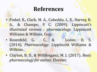 References
• Finkel, R., Clark, M. A., Cubeddu, L. X., Harvey, R.
A., & Champe, P. C. (2009). Lippincott’s
illustrated reviews : pharmacology. Lippincott
Williams & Wilkins, Cop.
• Rosenfeld, G. C., & Loose, D. S.
(2014). Pharmacology. Lippincott Williams &
Wilkins.
• Clayton, B. D., & Willihnganz, M. J. (2017). Basic
pharmacology for nurses. Elsevier.
 