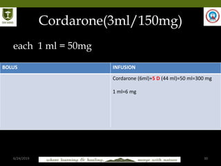 6/24/2019 30
Cordarone(3ml/150mg)
each 1 ml = 50mg
BOLUS INFUSION
Cordarone (6ml)+5 D (44 ml)=50 ml=300 mg
1 ml=6 mg
 