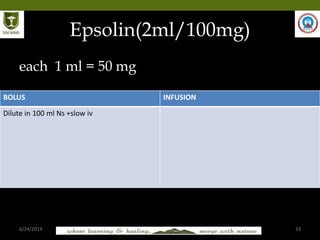 6/24/2019 33
Epsolin(2ml/100mg)
each 1 ml = 50 mg
BOLUS INFUSION
Dilute in 100 ml Ns +slow iv
 