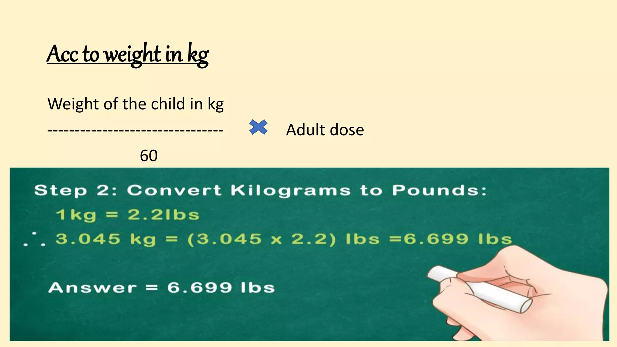 Acc to weight in kg
Weight of the child in kg
-------------------------------- Adult dose
60
 