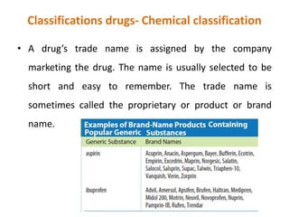 Classifications drugs- Chemical classification
• A drug’s trade name is assigned by the company
marketing the drug. The name is usually selected to be
short and easy to remember. The trade name is
sometimes called the proprietary or product or brand
name.
 