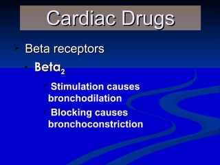 Beta receptors Beta 2 Cardiac Drugs Stimulation causes bronchodilation Blocking causes bronchoconstriction 