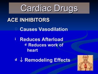 ACE INHIBITORS Cardiac Drugs Causes Vasodilation Reduces Afterload Reduces work of heart    Remodeling Effects 