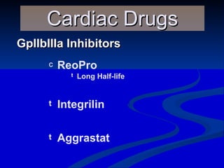 GpIIbIIIa Inhibitors Cardiac Drugs ReoPro Long Half-life   Integrilin Aggrastat  
