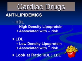 ANTI-LIPIDEMICS Cardiac Drugs HDL High Density Lipoprotein Associated with    risk LDL Low Density Lipoprotein Associated with    risk Look at Ratio  HDL     LDL 