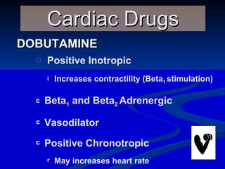 DOBUTAMINE Cardiac Drugs Positive Inotropic Increases contractility (Beta 1  stimulation) Beta 1  and Beta 2  Adrenergic Vasodilator Positive Chronotropic May increases heart rate 