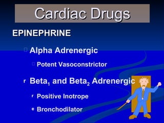 EPINEPHRINE Cardiac Drugs Alpha Adrenergic Potent Vasoconstrictor Beta 1  and Beta 2  Adrenergic Positive Inotrope Bronchodilator 