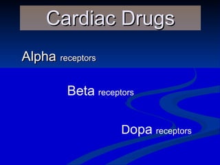 Alpha   receptors Cardiac Drugs D opa   receptors     Beta   receptors 