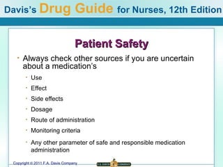 Patient Safety Always check other sources if you are uncertain about a medication’s Use Effect Side effects Dosage Route of administration Monitoring criteria Any other parameter of safe and responsible medication administration 