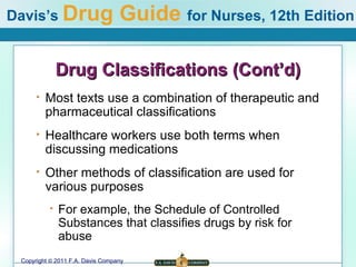 Drug Classifications (Cont’d) Most texts use a combination of therapeutic and pharmaceutical classifications Healthcare workers use both terms when discussing medications Other methods of classification are used for various purposes For example, the Schedule of Controlled Substances that classifies drugs by risk for abuse 