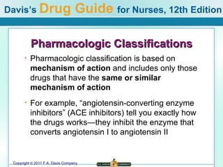 Pharmacologic Classifications Pharmacologic classification is based on  mechanism of action  and includes only those drugs that have the  same or similar mechanism of action For example, “angiotensin-converting enzyme inhibitors” (ACE inhibitors) tell you exactly how the drugs works—they inhibit the enzyme that converts angiotensin I to angiotensin II 
