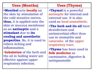 Uses (Thyme)Uses (Mentha)
•Thymol is a powerful
antiseptic for internal and
external use. It is also
used as local anaesthetic.
•The herb and its oil have
desinfectant and
antimicrobial effect thus
use in stomatitis and
catarrahs of the upper
respiratory tract.
•Thyme has been used in
folk medicine as
carminative, digestive &
antispasmodic
Menthol acts locally on
the skin by stimulation of
the cold sensitive nerves.
thus, it is applied onto the
skin or mucous membrane
as an antiseptic and a
stimulant due to its
cooling and anesthetic
properties. So, it is used to
relieve itching and
inflammation.
•Inhalation of the herb and
the oil in boiling water are
effective against upper
respiratory infection.
 