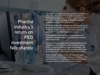 Pharma
industry’s
return on
R&D
investment
falls sharply
• The world’s 12 biggest drug companies are making a
return of just 3.2 per cent on their research and
development spending this year — down from 10.1
per cent in 2010, according to Deloitte’s annual
survey of pharma R&D investment.
• At the same time the average cost of bringing a drug
to market has soared to a record $2bn from $1.5bn in
2016 and $1.2bn in 2010, when the professional
services firm launched its pharma survey.
• Technological advances such as automation and
artificial intelligence have the potential to improve
R&D productivity.
• A group of four younger and slightly smaller biotech
companies which Deloitte added to the survey in
2015 — Celgene, AbbVie, Biogen and Gilead — far
outperformed the top 12. Their average return rose
to 11.9 per cent in 2017 from 9.9 per cent in 2016.
• These smaller companies do not have the legacy
infrastructure of the bigger pharma companies. Their
performance is a combination of the way they focus
on value and their ability to act more nimbly.
 