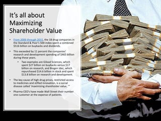 It’s all about
Maximizing
Shareholder Value
• From 2006 through 2015, the 18 drug companies in
the Standard & Poor’s 500 index spent a combined
$516 billion on buybacks and dividends.
• This exceeded by 11 percent the companies’
research and development spending of $465 billion
during these years.
• Two examples are Gilead Sciences, which
spent $27 billion on buybacks versus $17
billion on research, and Biogen Idec, which
repurchased $14.6 billion in stock and spent
$13.8 billion on research and development.
• The key cause of high drug prices, restricted access
to medicines and stifled innovation, is a social
disease called ‘maximizing shareholder value, ’”
• Pharma CEO’s have made Wall Street their number
one customer at the expense of patients.
 