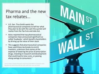 Pharma and the new
tax rebates…
• U.S. Sen. Tina Smith wants the
pharmaceutical companies to tell her what
they plan to do...