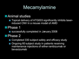 Mecamylamine Animal studies Topical delivery of ATG003 significantly inhibits laser-induced CNV in a mouse model of AMD  Phase 1 successfully completed in January 2008  Phase 2 Completed 330 subject safety and efficacy study Ongoing 60 subject study in patients receiving maintenance injections of either ranibizumab or bevacizumab  