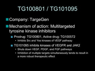 TG100801 / TG101095 Company: TargeGen Mechanism of action: Multitargeted tyrosine kinase inhibitors Prodrug: TG100801, Active drug: TG100572 Inhibits Src and Yes kinases of VEGF pathway TG101095 inhibits kinases of VEGFR and JAK2  Shuts down VEGF, PDGF, and FGF pathways  Inhibition of multiple targets simultaneously tends to result in a more robust therapeutic effect   