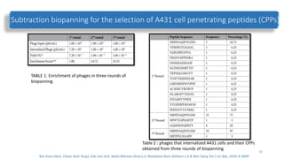 Subtraction biopanning for the selection of A431 cell penetrating peptides (CPPs).
TABLE 1: Enrichment of phages in three rounds of
biopanning
Table 2 : phages that internalized A431 cells and their CPPs
obtained from three rounds of biopanning
20
Bee Koon Gan1, Chean Yeah Yong1, Kok Lian Ho2, Abdul Rahman Omar1,3, Noorjahan Banu Alitheen 1,4 & Wen Siang Tan 1 Sci Rep. 2018; 8: 8499
 