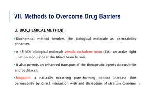 VII. Methods to Overcome Drug Barriers
3. BIOCHEMICAL METHOD
 Biochemical method involves the biological molecule as permeability
enhancer.
 A 45 kDa biological molecule zonula occludens toxin (Zot), an active tight
junction modulator at the blood brain barrier.
 It also permits an enhanced transport of the therapeutic agents doxorubicin
and paclitaxel.
 Magainin, a naturally occurring pore-forming peptide increase skin
permeability by direct interaction with and disruption of stratum corneum 23
 