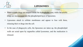 • Water-soluble drugs are trapped inside the hydrophobic core, while fat-soluble
drugs are incorporated into the phospholipid layer of liposomes.
• Liposomes attach to cellular membranes and appear to fuse with them,
releasing their or drugs into the cell.
• In the case of phagocytic cells, the liposomes are taken up, the phospholipid
walls are acted upon by organelles called lysosomes, and the medication is
released.
LIPOSOMES
 